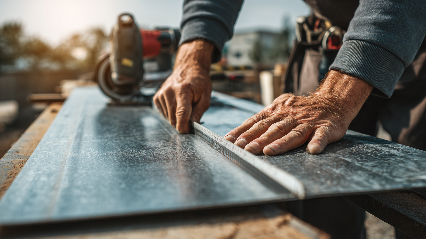 Contractor measuring a metal roofing panel