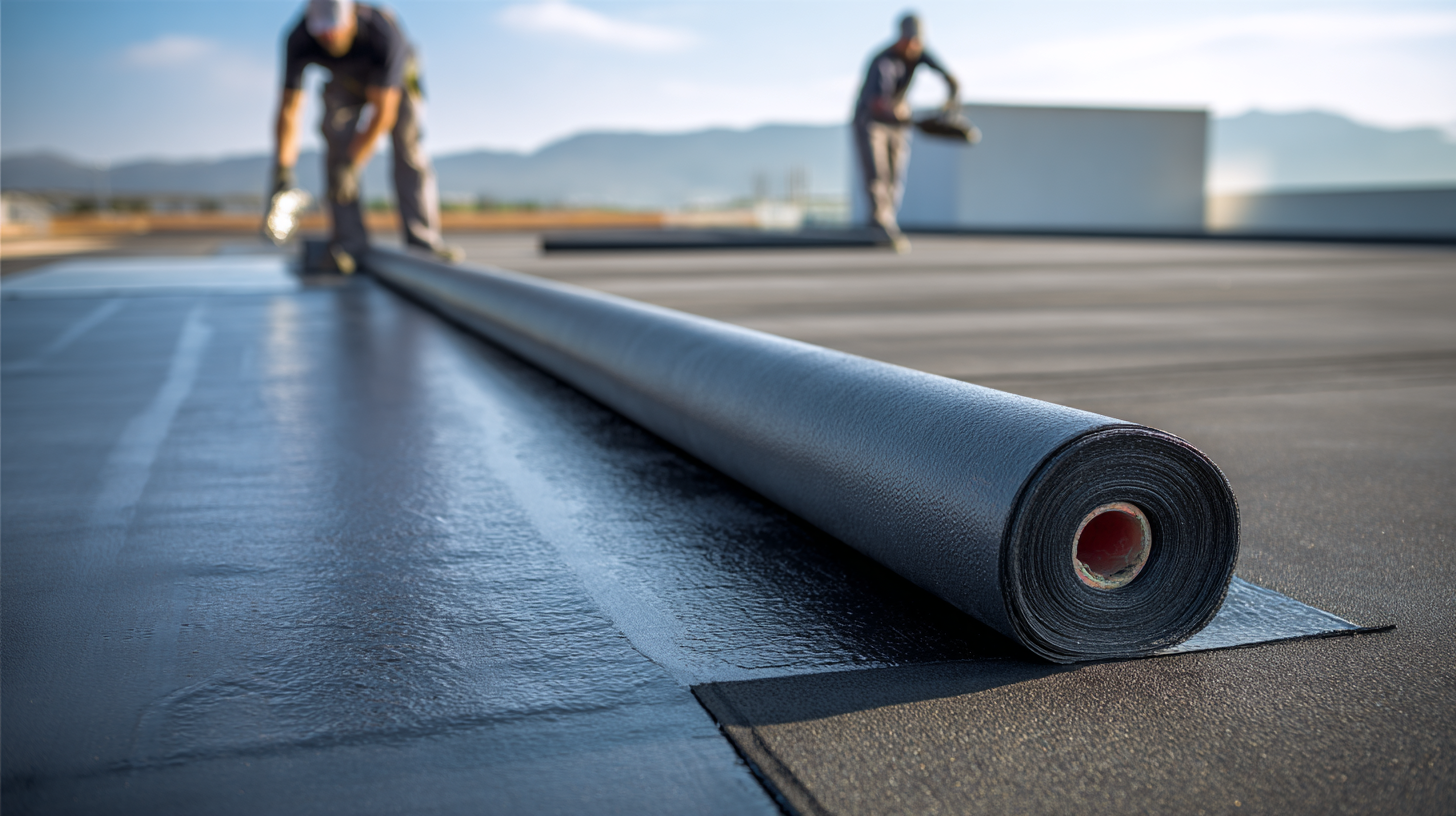 Roofers installing EPDM membrane on a flat roof