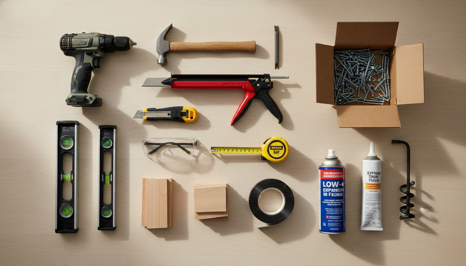 Tools and materials for prehung exterior door installation laid out on a workbench
