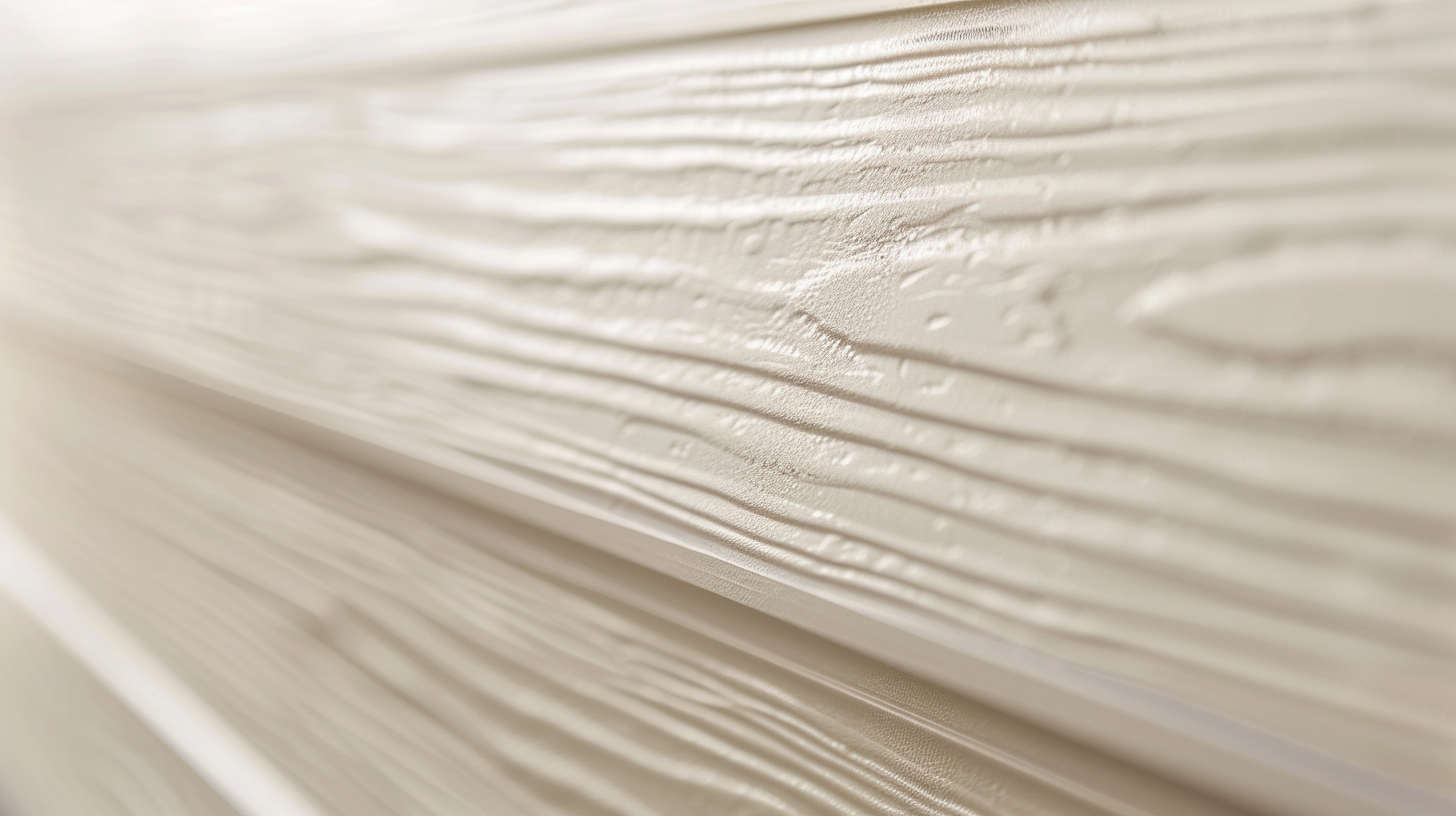 Close-up of cream vinyl siding panel showing wood-grain texture and surface detail