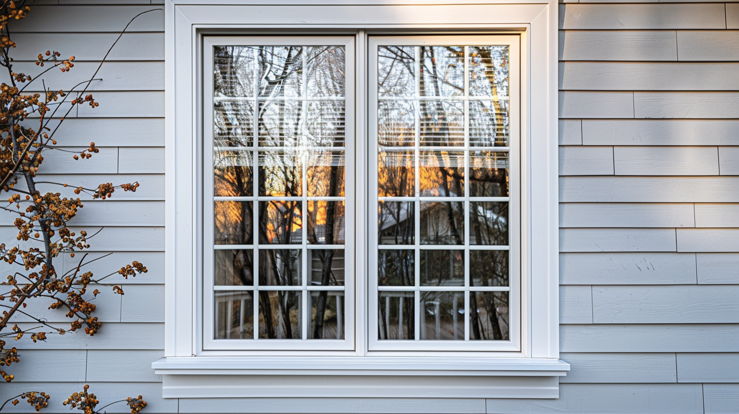 Close-up of a white single-hung window with grid pattern on a gray clapboard home