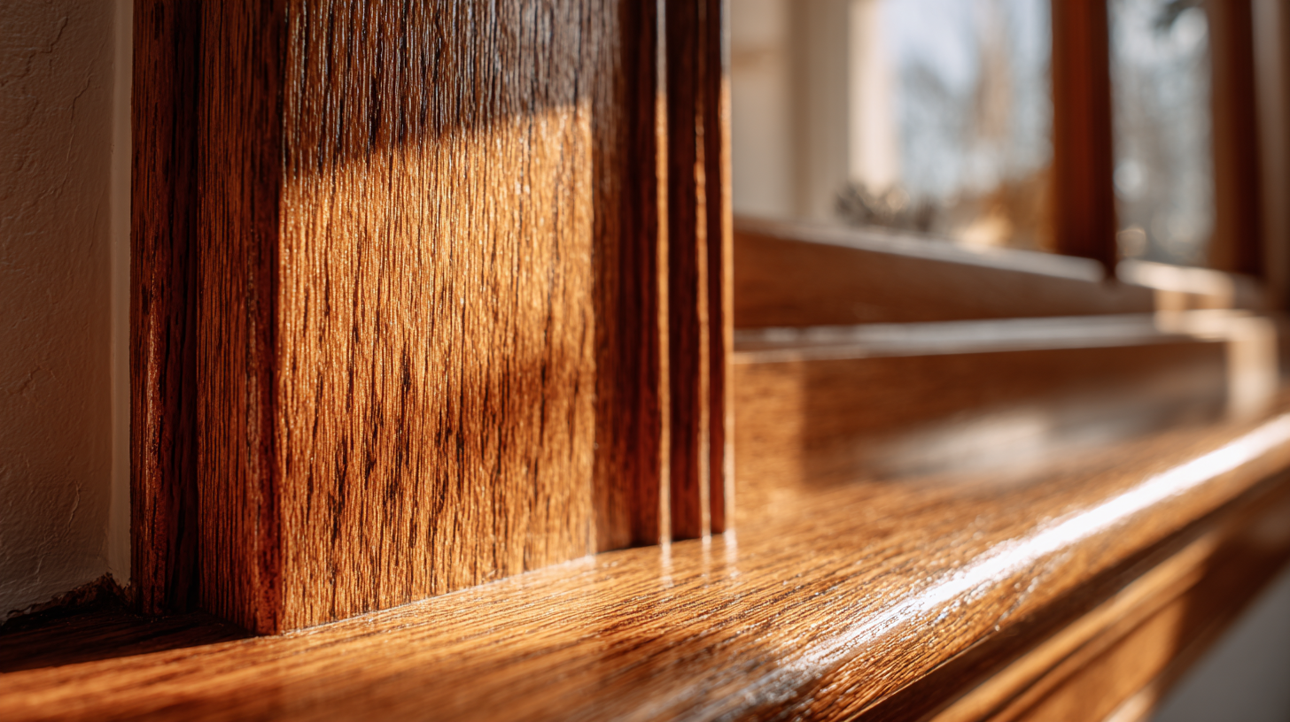 Close-up of a stained wood window frame and sill showing premium replacement window quality