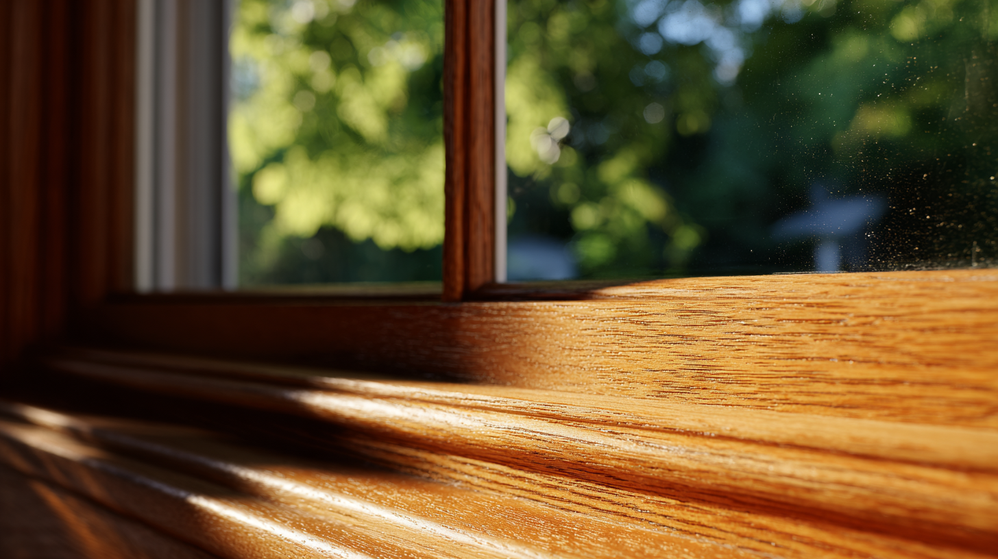 Close-up of a warm-toned wooden bay window frame showing natural oak grain detail