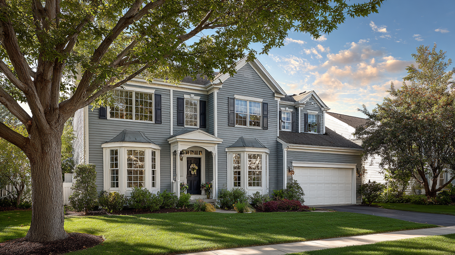 Two-story gray home exterior featuring two canted bay windows with copper roofs