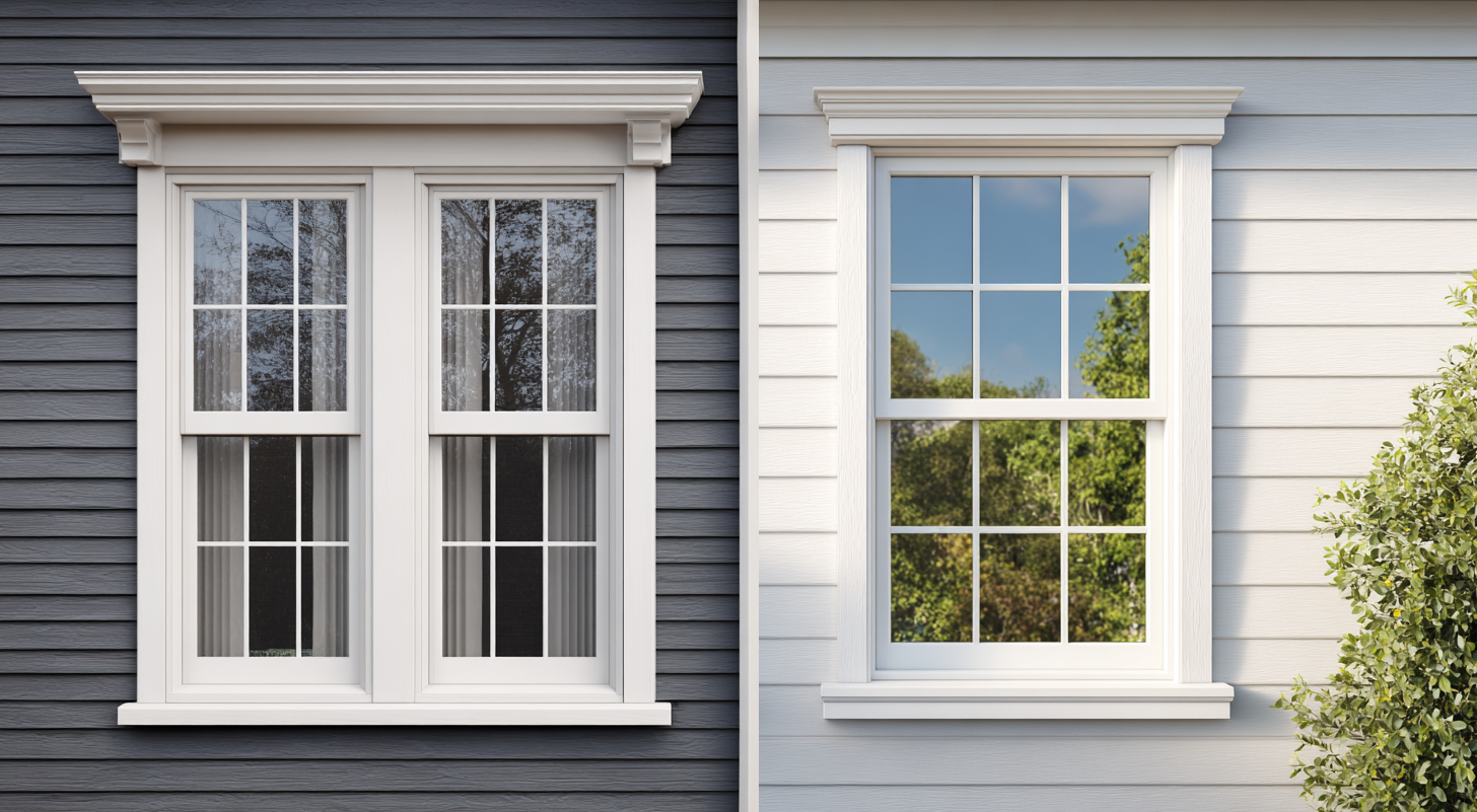 Side-by-side comparison of double-hung and single-hung windows on residential exteriors