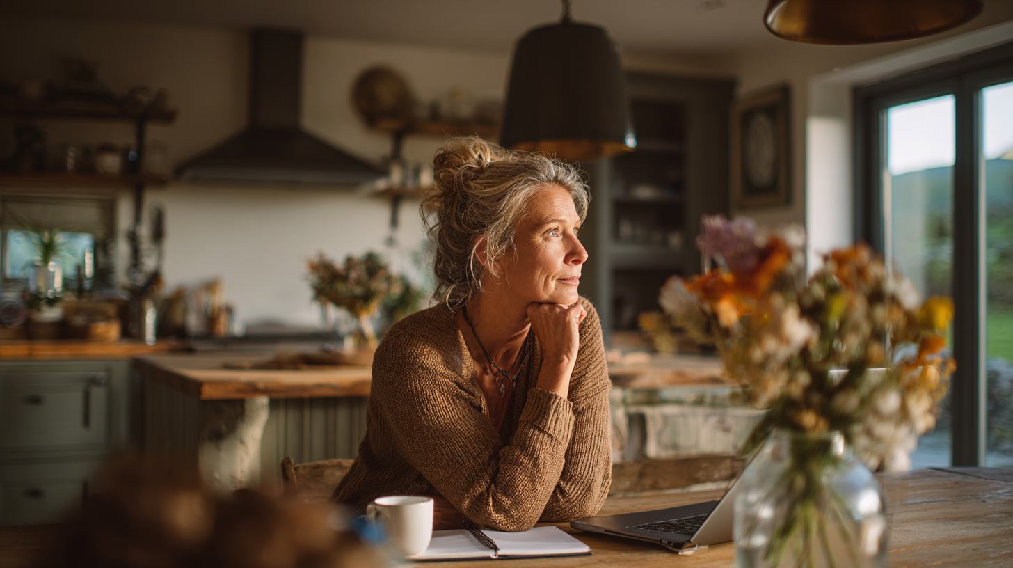 Homeowner reviewing window replacement quotes on a laptop at her kitchen table