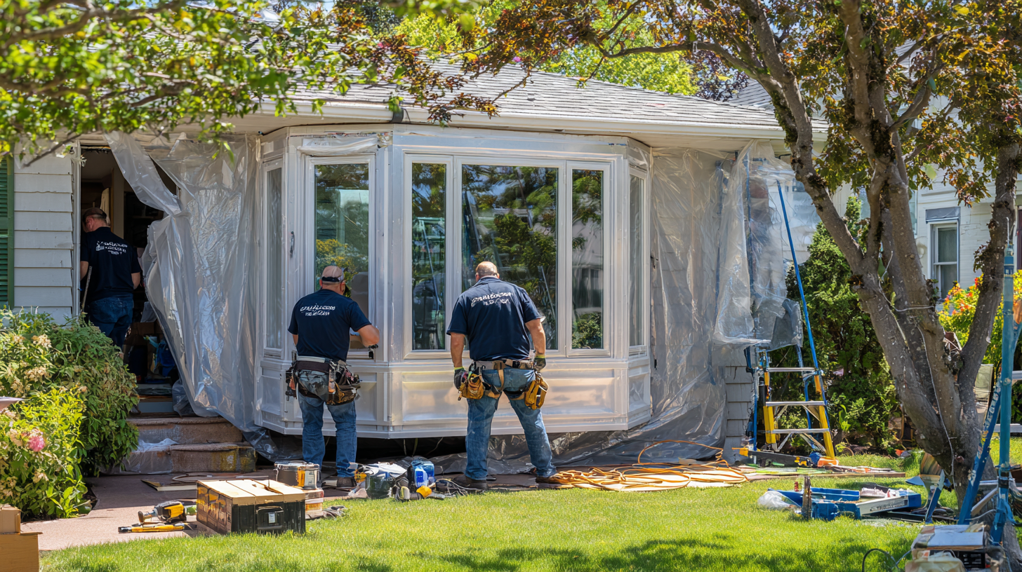 Professional contractors installing a white vinyl bay window on a residential home