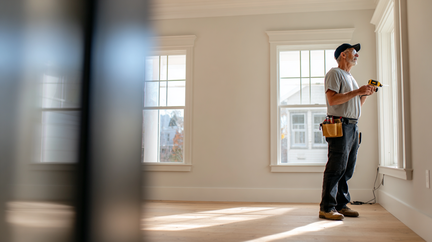 Professional installer measuring and fitting a replacement window in an empty room