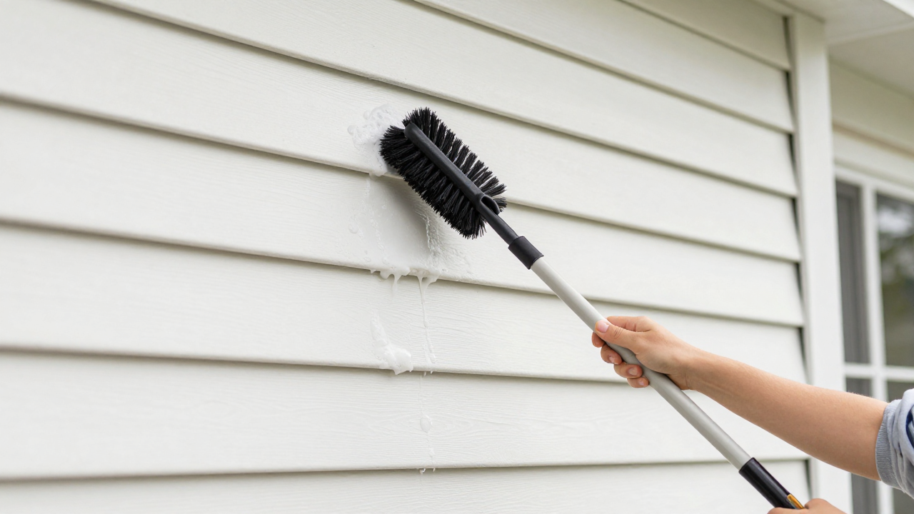 Washing white vinyl siding with a soft-bristle brush to extend its lifespan
