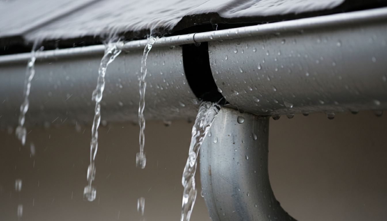 Water overflowing a gutter in heavy rain, a sign the system needs replacing