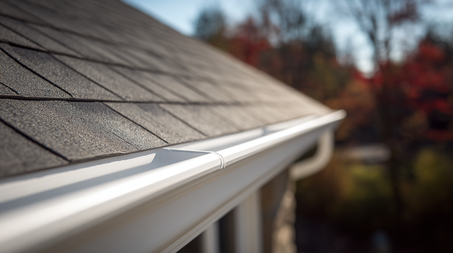 Newly installed white seamless gutter along a shingle roof edge