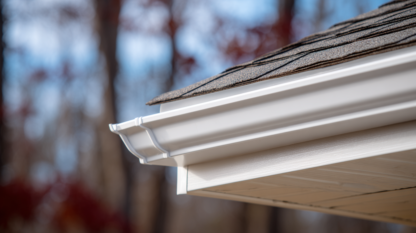 Replaced white seamless gutter running along a shingle roof edge
