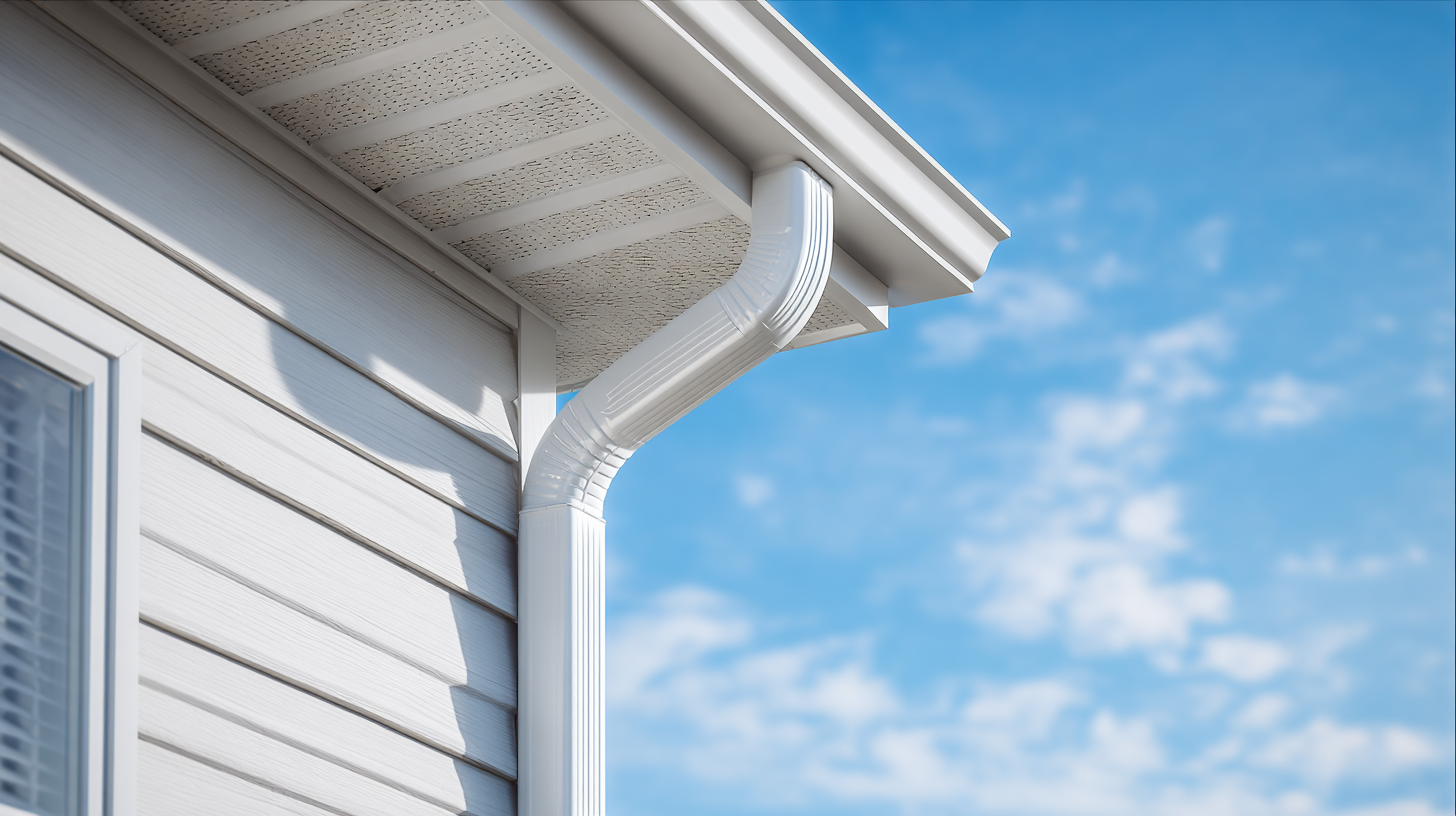 Repaired white gutter and downspout at a house corner against a clear sky