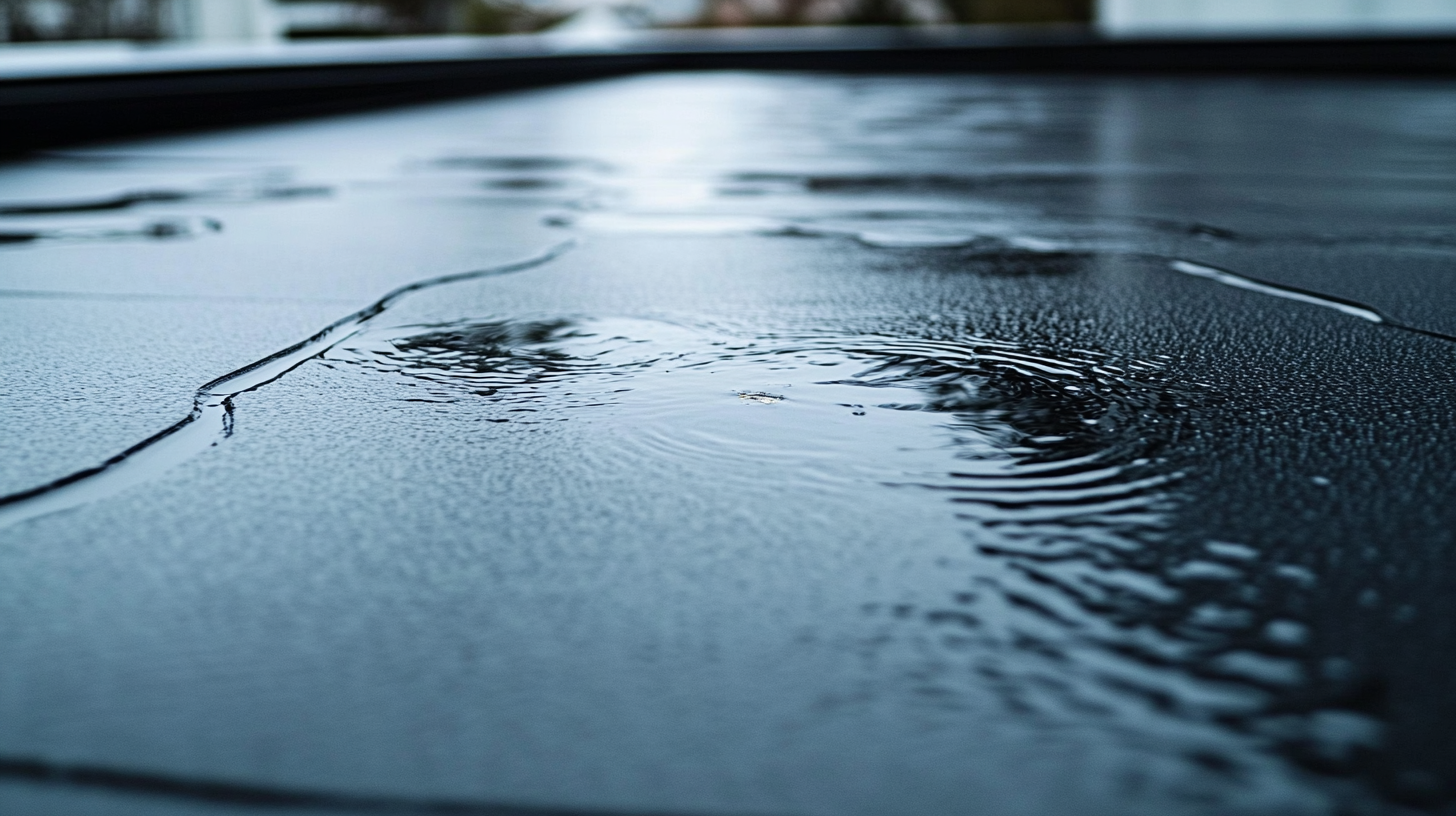 Ponding water sitting on a flat roof membrane after rain