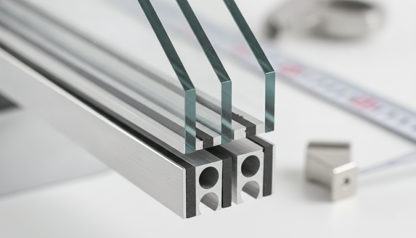 Close-up of three glass panes set into an aluminum triple pane window frame
