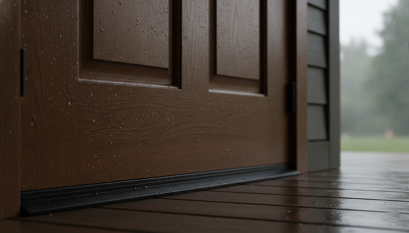 Close-up of a wood exterior door's sealed bottom edge and threshold in the rain