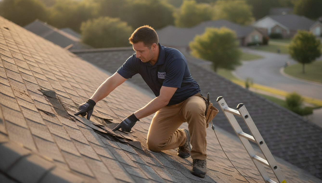 Roofer lifting damaged shingles to repair a roof leak beside a ladder