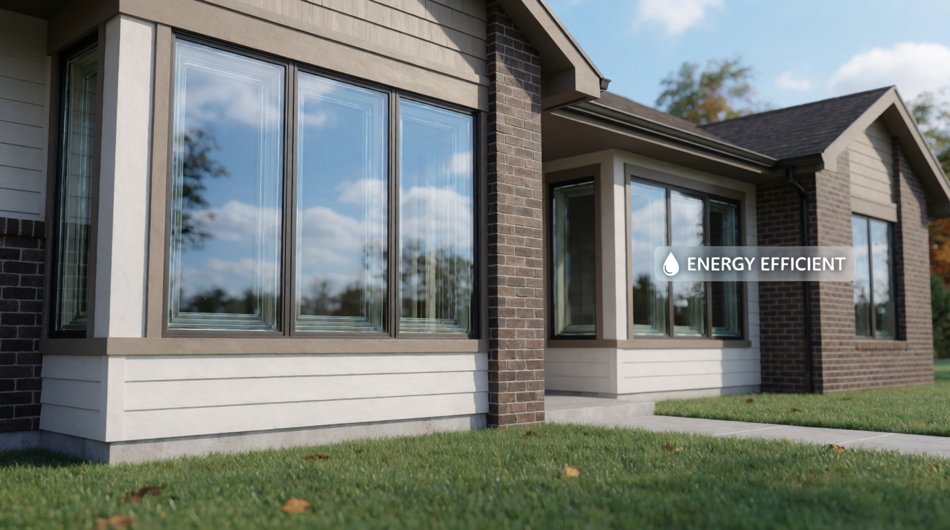 Exterior of a brick home with energy-efficient triple pane windows