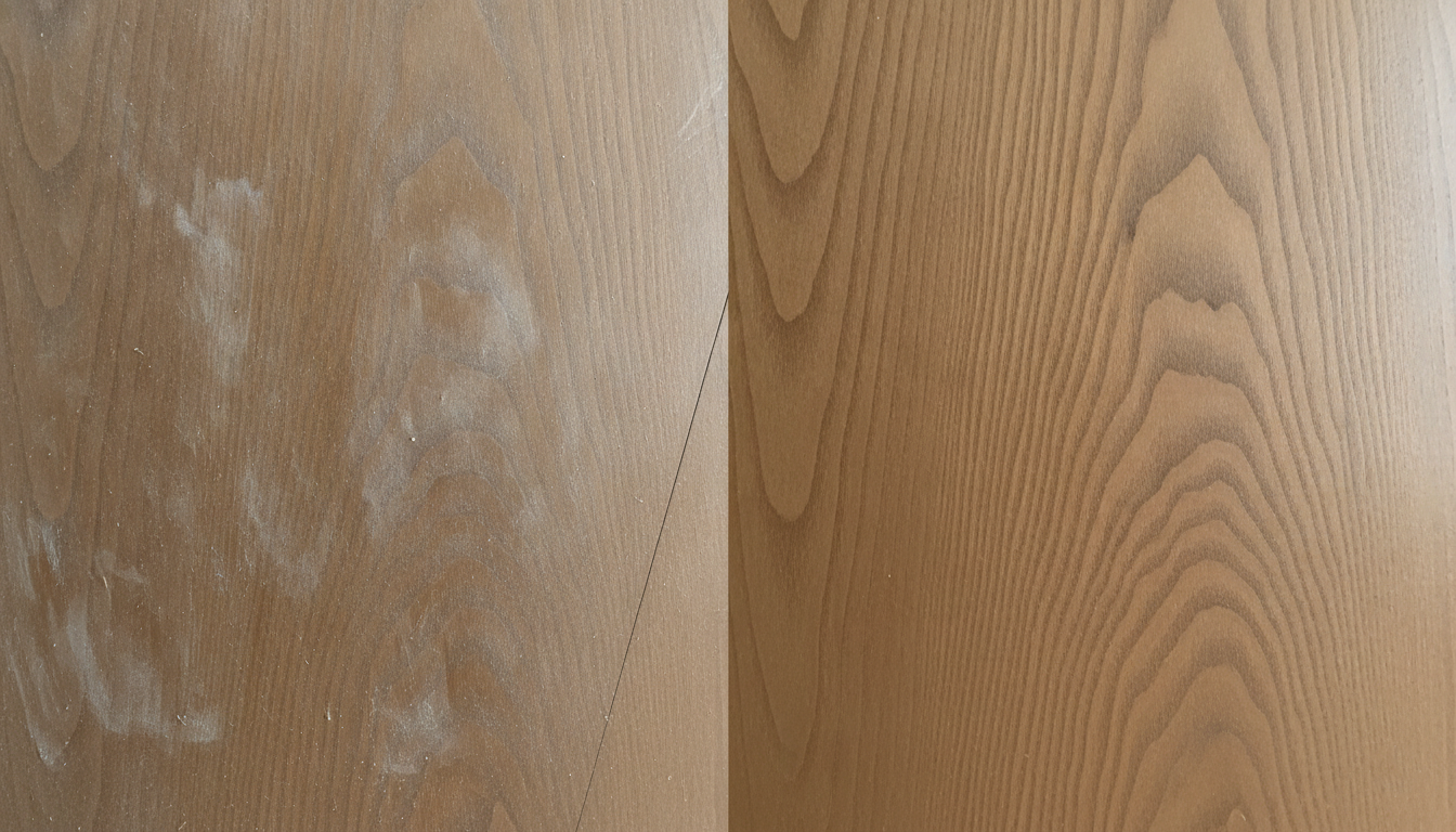 Before-and-after comparison of a wooden door surface