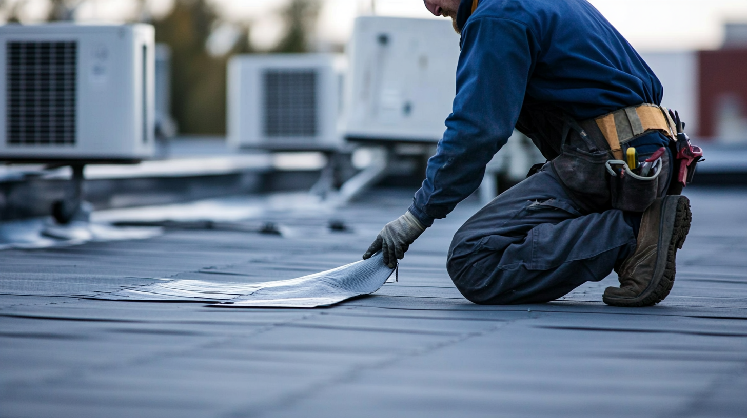 Worker applying a membrane patch on a flat roof beside rooftop HVAC units