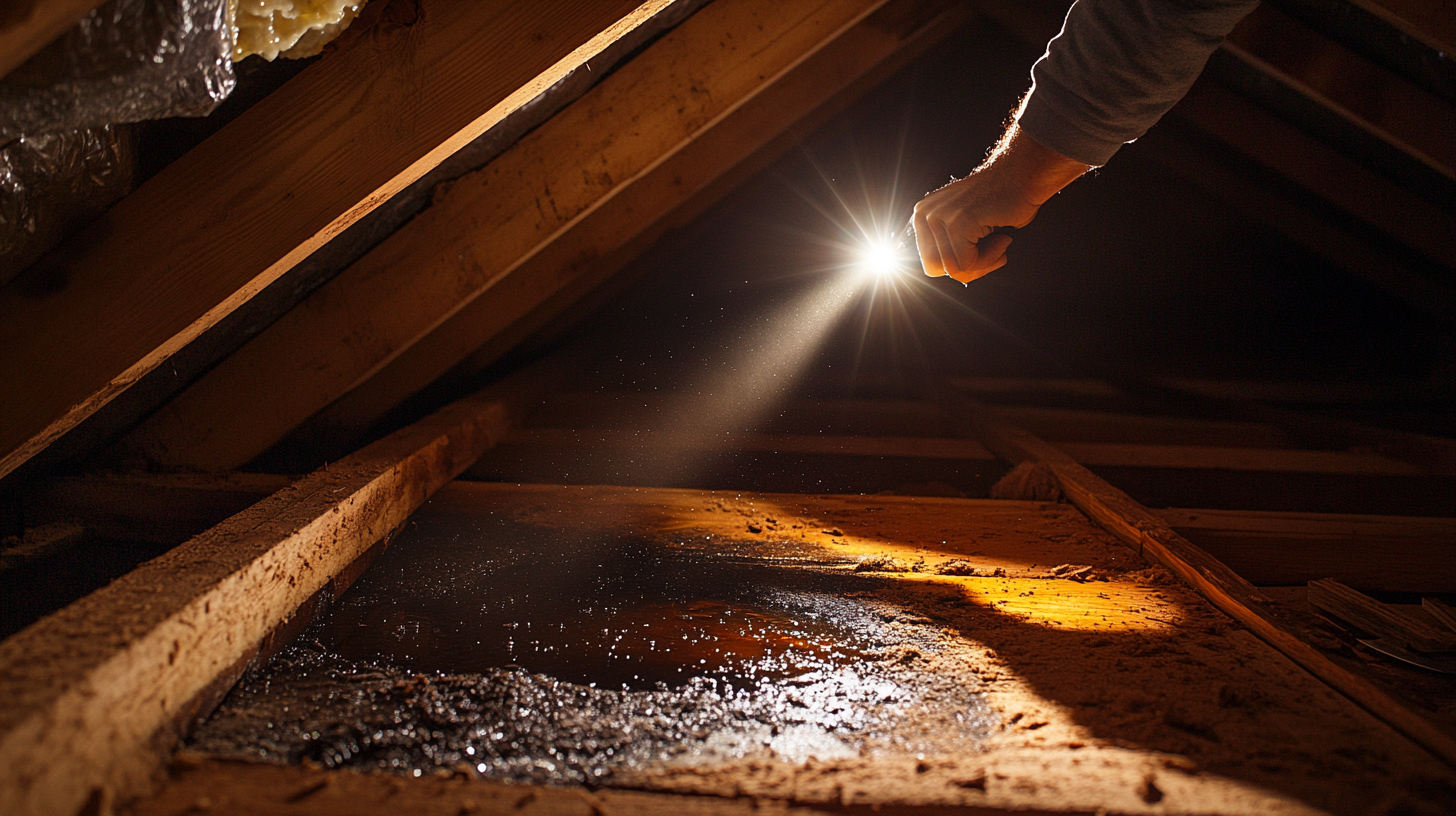 Flashlight inspection of a wet attic deck showing water intrusion from a roof leak