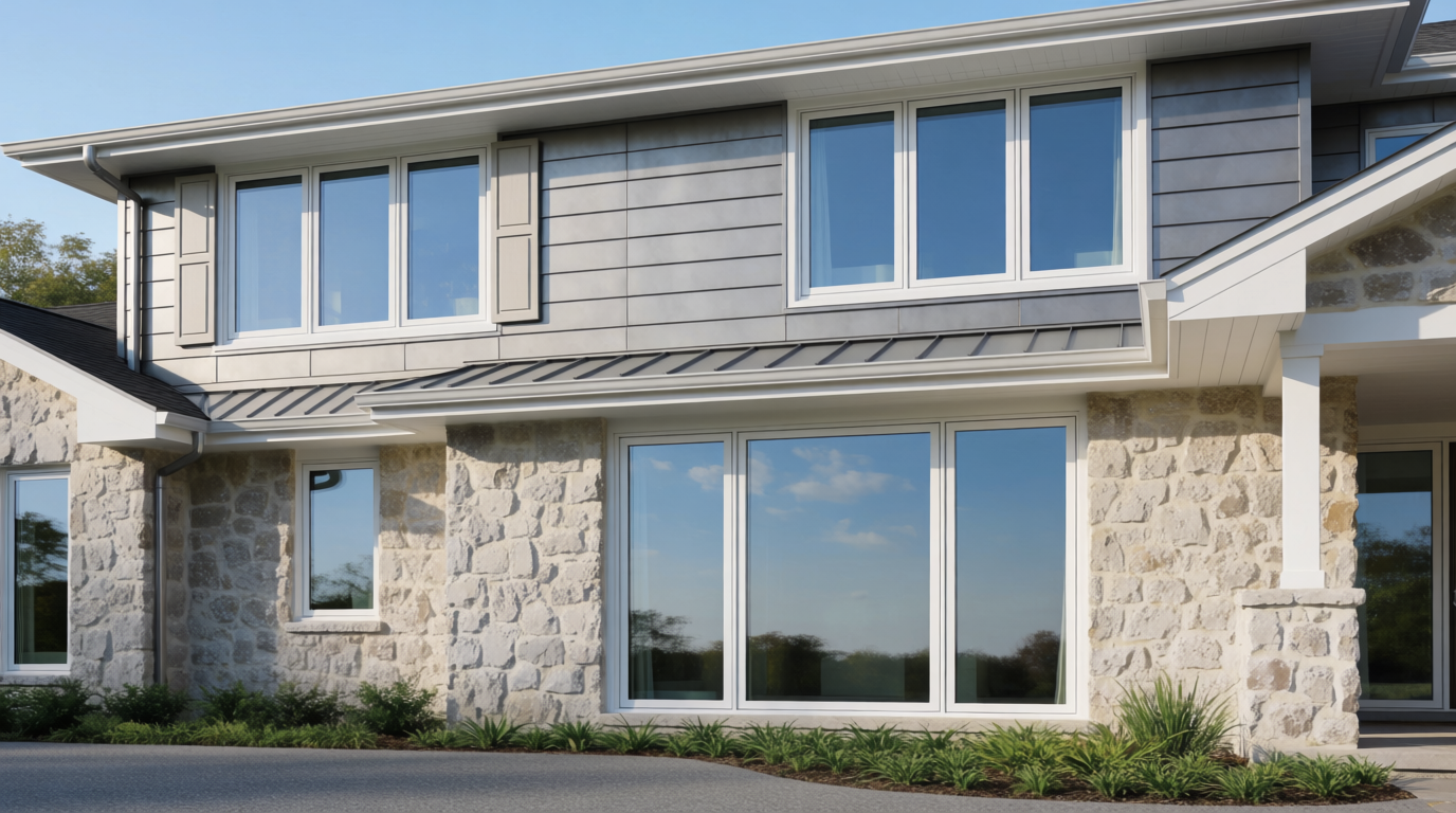 Two-story stone and siding home with large triple pane windows