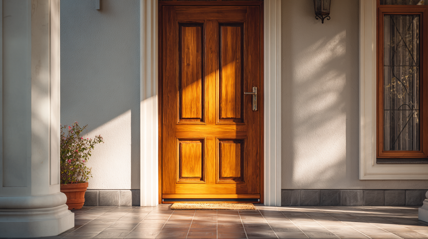 Sunlit wooden front door with raised panels on a tiled home entryway