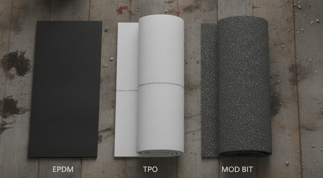 EPDM, TPO, and modified bitumen flat roof membrane samples shown side by side