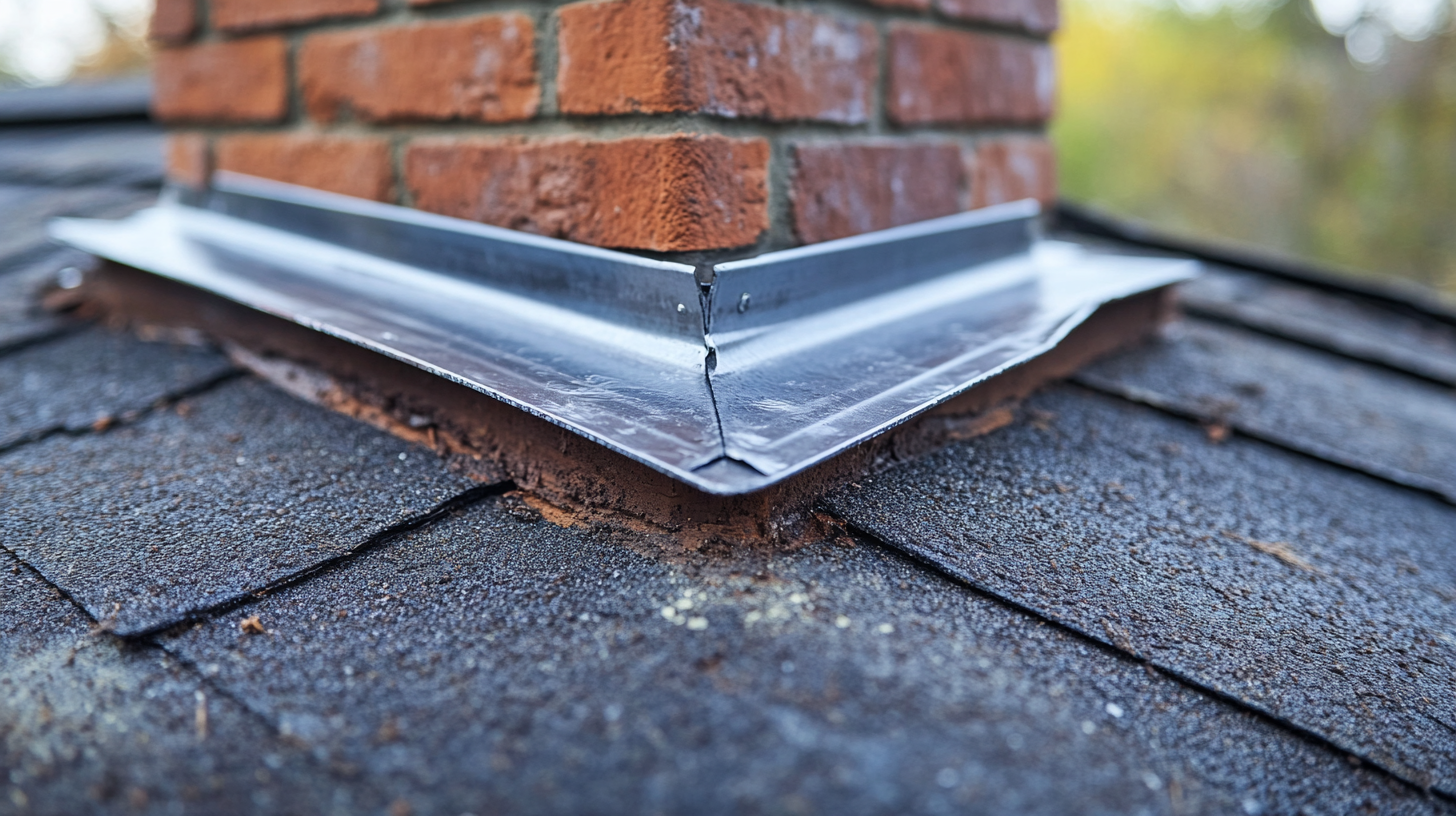 Metal flashing around a brick chimney on an asphalt shingle roof