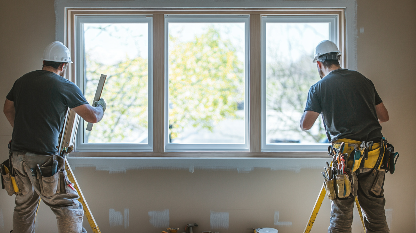Two contractors installing a triple pane window during a home renovation