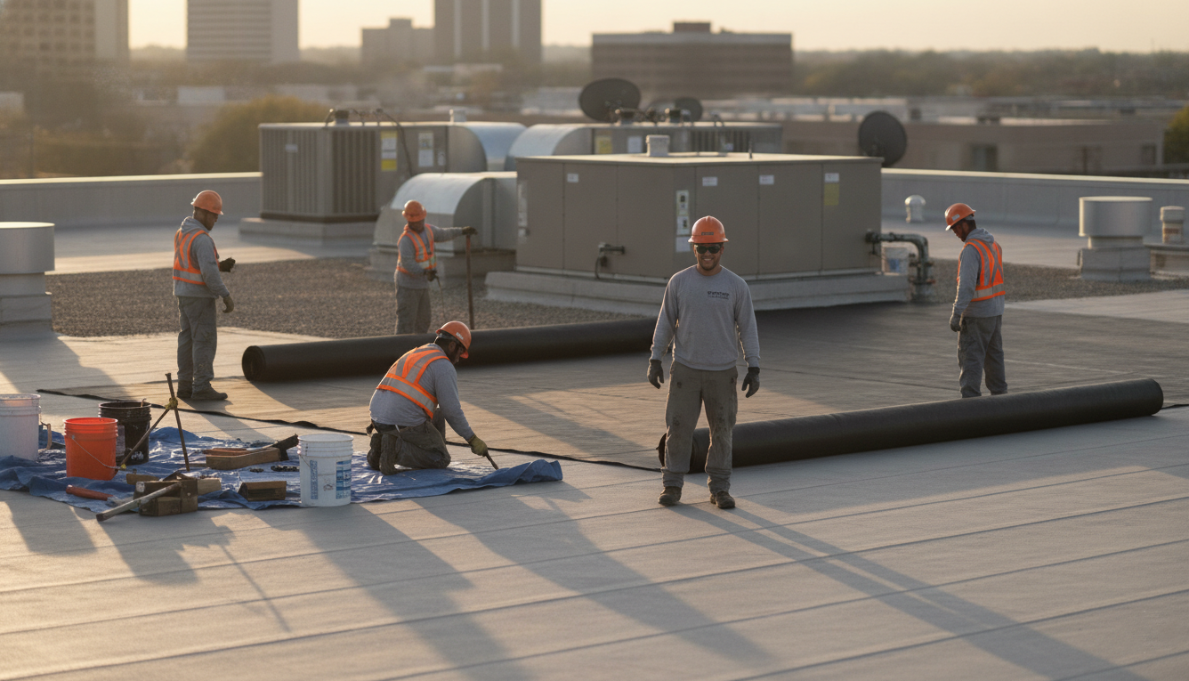 Roofing crew installing membrane on a commercial flat roof at sunset