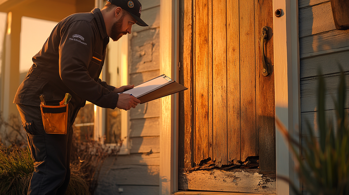 Contractor inspecting a weathered wood door with peeling finish and rotted bottom edge