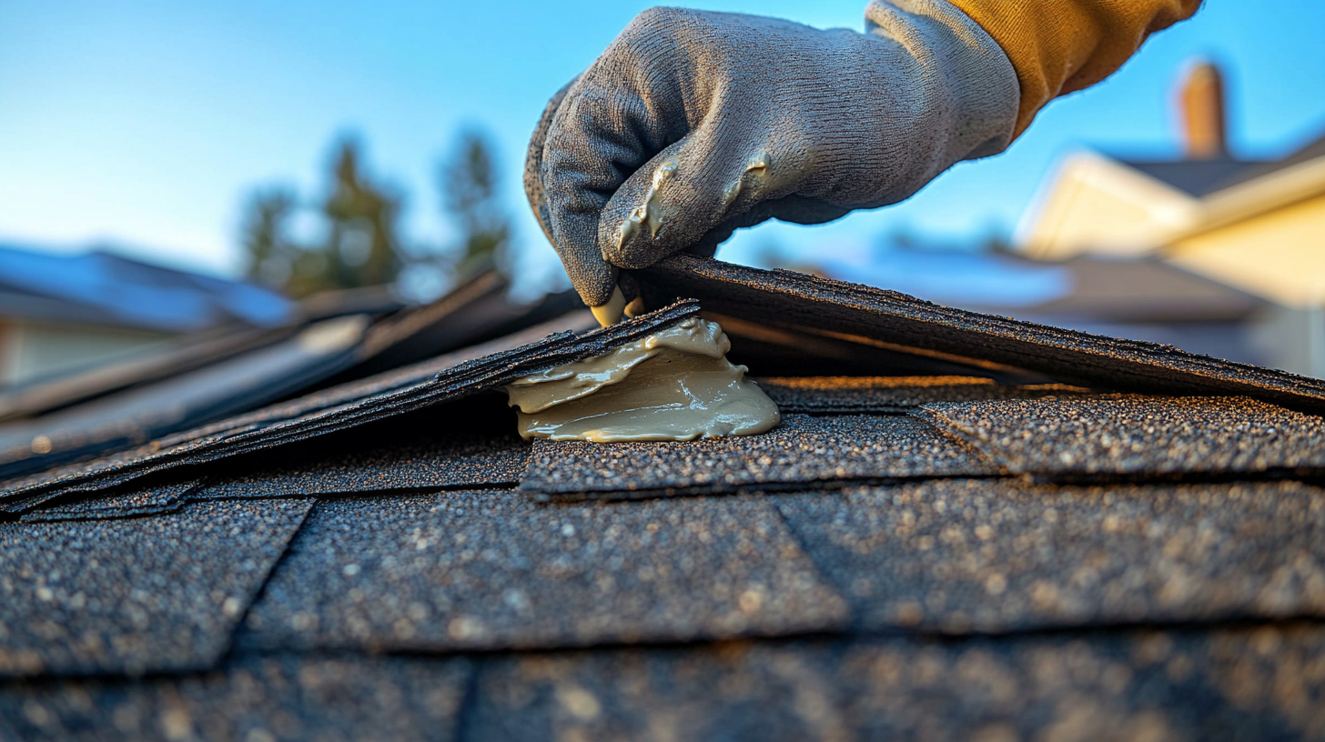 Gloved hand applying roofing cement to seal a shingle on a roof