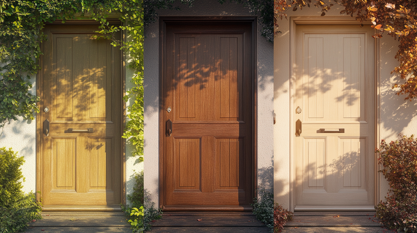 Three wood doors side by side showing faded, well-finished, and worn finishes