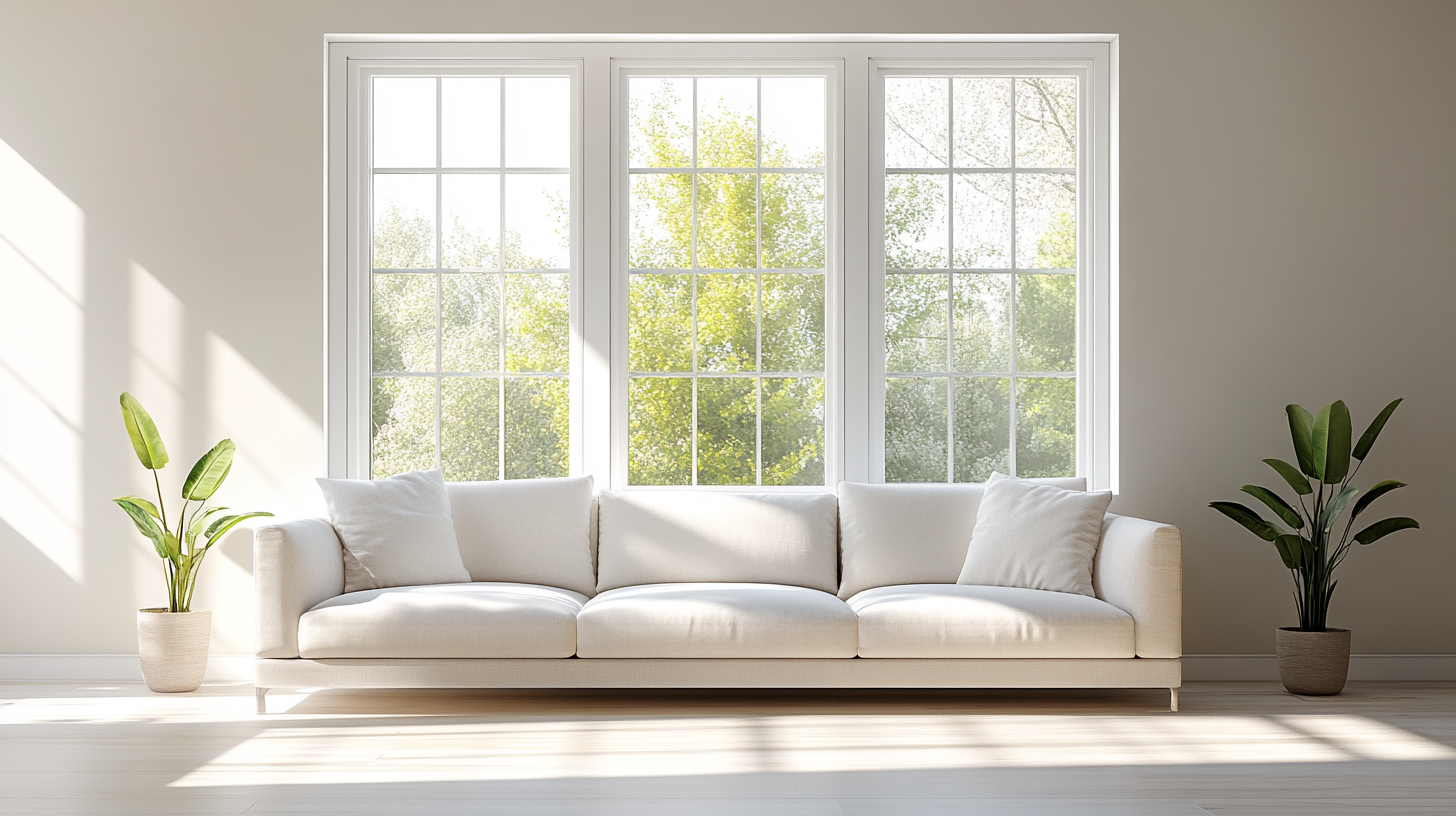 Bright living room with three white triple pane windows above a white sofa