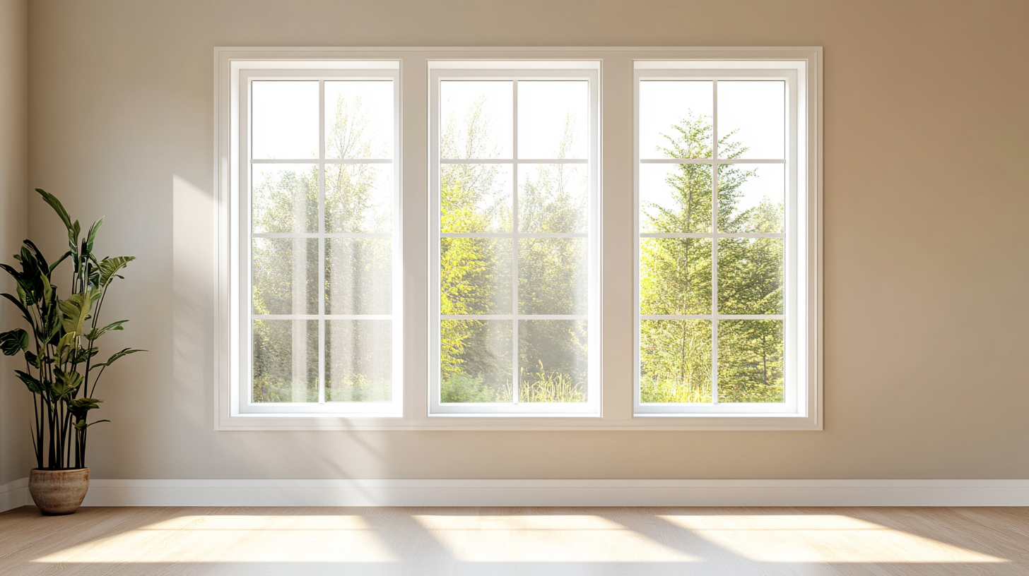 Sunlit room with three white grid triple pane windows overlooking trees