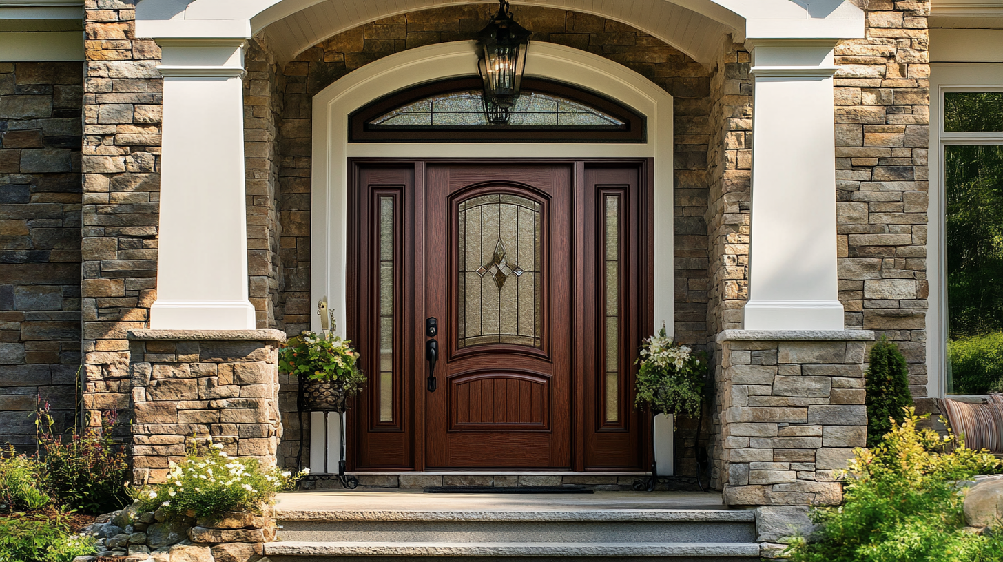 Mahogany entry door with glass, sidelights, and transom