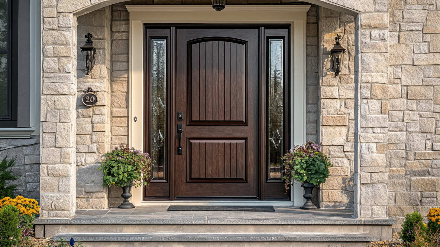 Dark wood fiberglass front door with sidelights on a stone home